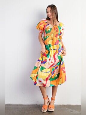 NWOT Easel Geo Printed Poplin Tiered Midi Dress Size S